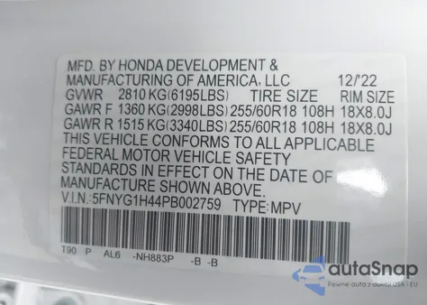 2023 Honda Pilot Awd Ex-L 8 Passenger из США, поврежденный, VIN 5FNYG1H44PB002759